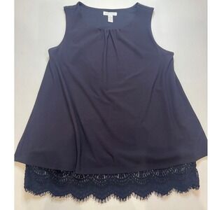 Charter Club Sleeveless Blouse Women‎ Small Navy Blue Excellent Lace Trim Hem